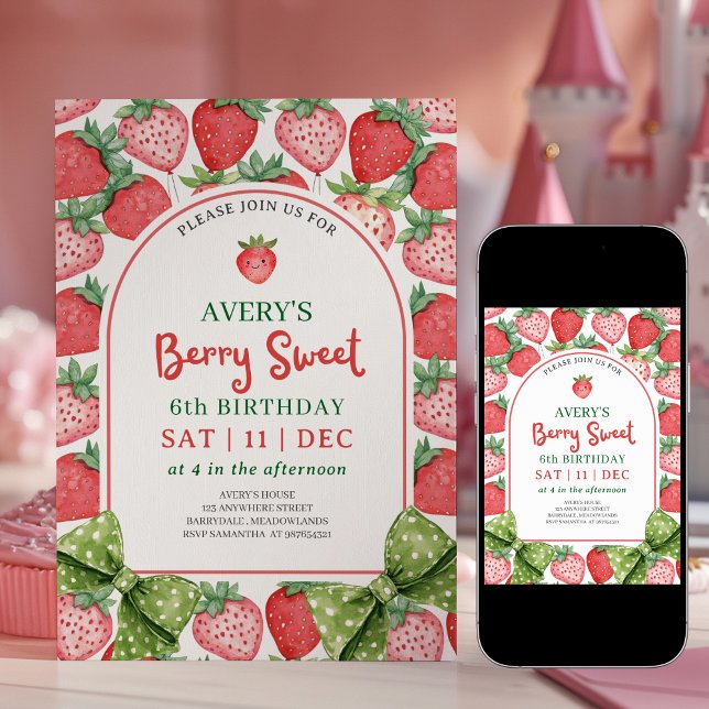 Convites Berry Sweet 6th Birthday Strawberry Invitation (Criador carregado)