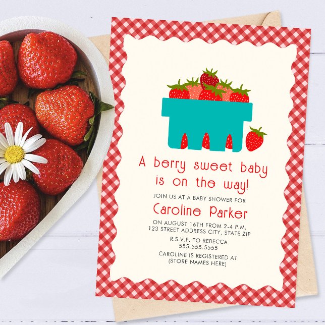 Convites Berry Sweet Baby Strawberry Basket Gingham (Criador carregado)