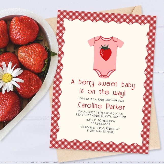 Convites Berry Sweet Baby Strawberry Gingham (Criador carregado)