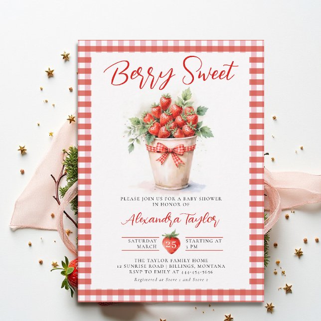 Convites Berry Sweet Berries Art Garden Gingham Baby Shower (berry sweet baby shower invitation fruit strawberry theme art watercolor summer garden gingham)