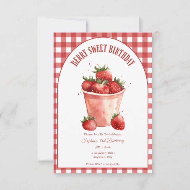 Convites Berry Sweet Birthday Strawberry Party (Frente)
