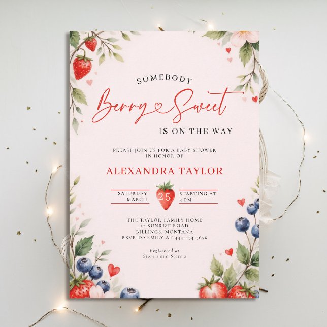 Convites Berry Sweet Botanical Berries Pink Baby Shower (berry sweet baby shower invitation fruit theme strawberry berries botanical watercolor pink)