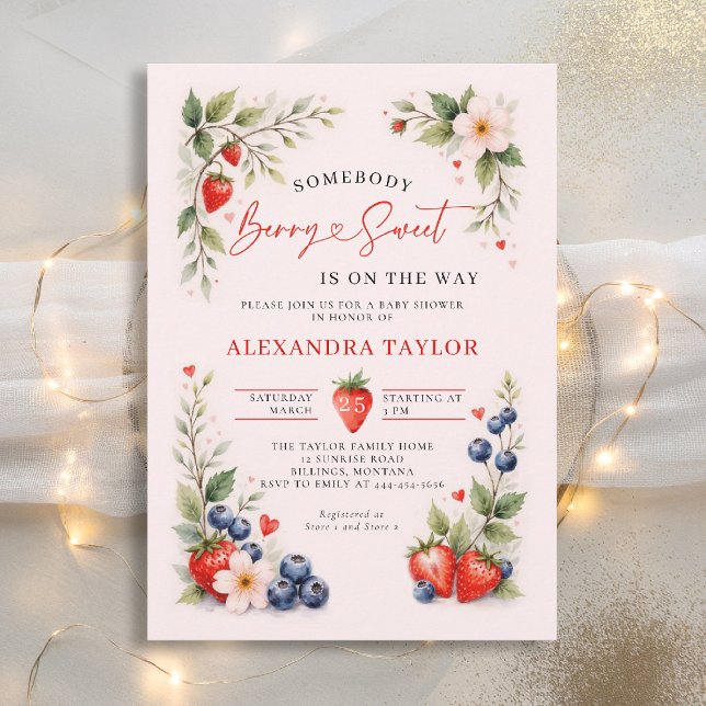 Convites Berry Sweet Botanical Berries Pink Baby Shower (berry sweet baby shower invitation fruit theme strawberry blueberry berries botanical watercolor)