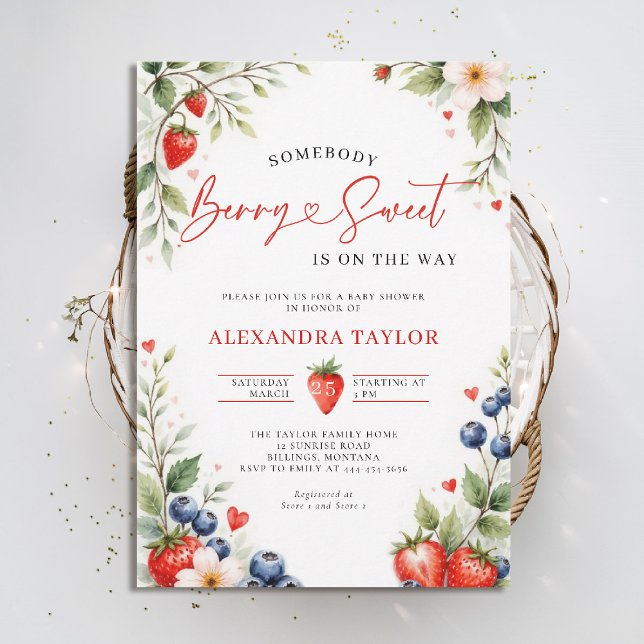 Convites Berry Sweet Botanical Berries Script Baby Shower (berry sweet baby shower invitation fruit theme strawberry berries botanical watercolor spring summer)