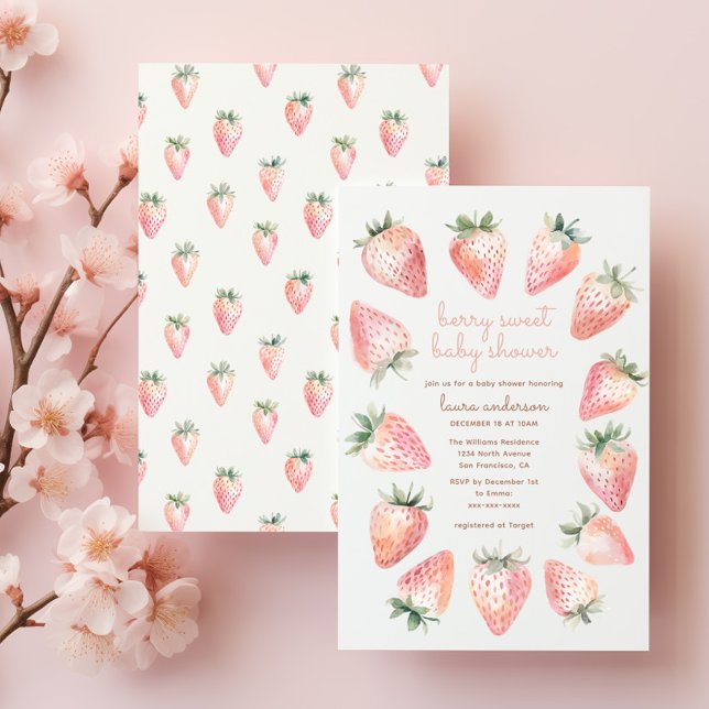 Convites Berry Sweet Chá de fraldas - Morangos A Aquarelas (Berry sweet baby shower invitation front & back. Pink coquette watercolor strawberries, script font)