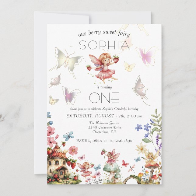 Convites Berry Sweet Fairy Magic Strawberry Garden Aniversá (Frente)