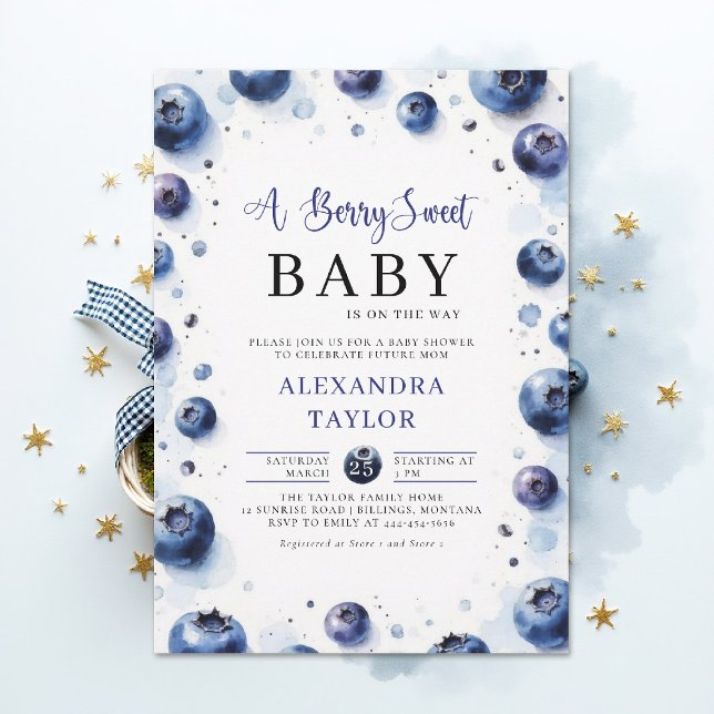 Convites Berry Sweet Farmhouse Chic Blueberries Baby Shower (berry sweet baby shower invitation boy blue blueberries rustic farmhouse chic watercolor)