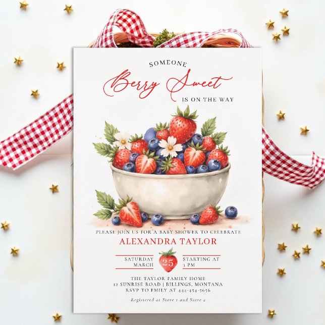 Convites Berry Sweet Farmhouse Chic Watercolor Baby Shower (berry sweet baby shower invitation fruit strawberry blueberry theme art watercolor garden farmhouse)