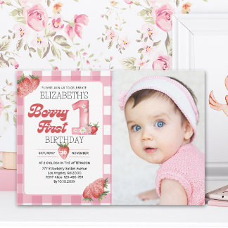 Convites Berry Sweet First Birthday Photo – Straberry party