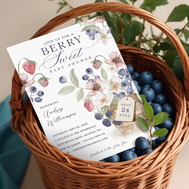 Convites Berry Sweet Floral & Berry Basket Chá de fraldas (Berry Sweet Floral & Berry Basket Baby Shower Invitation)