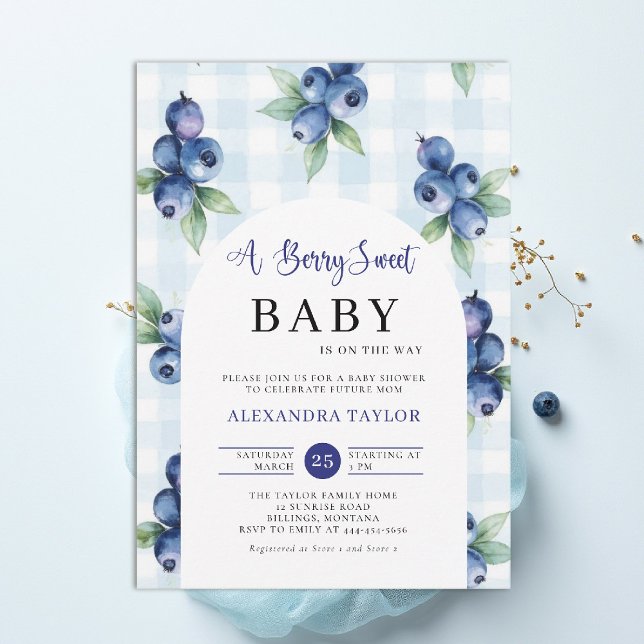 Convites Berry Sweet Gingham Blue Farm Arch Boy Baby Shower (berry sweet baby shower invitation boy blue blueberries farmhouse cottage watercolor gingham arch)