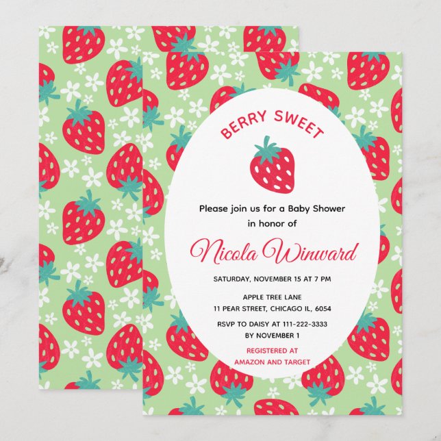 Convites Berry Sweet Green Strawberry Baby Shower (Frente/Verso)