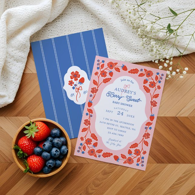 Convites Berry Sweet Morangos Blueberry & Blooms (Berry Sweet Strawberries, Blueberries & Blooms Invitation)