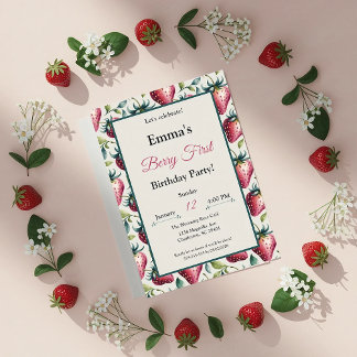 Convites Berry Sweet Pastel Strawberry Green Frame Aniversá
