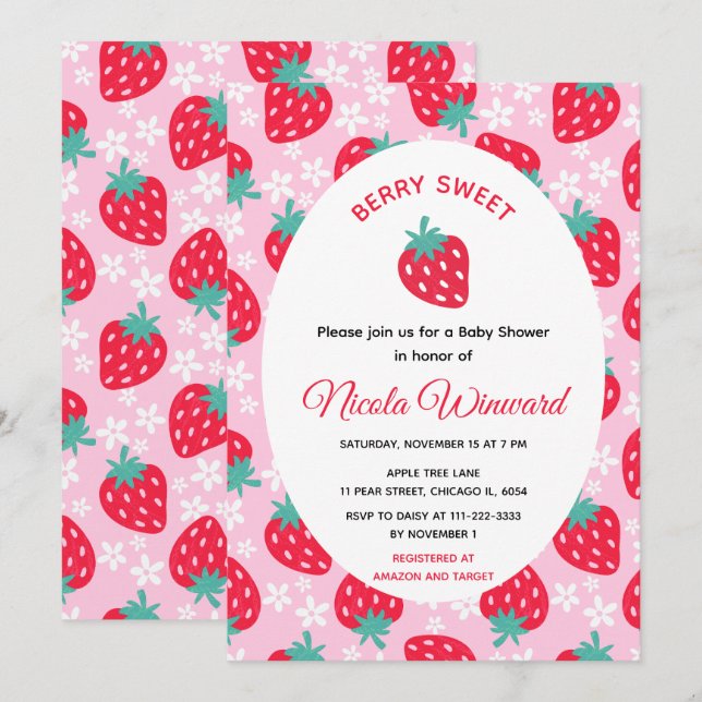 Convites Berry Sweet Pink Strawberry Baby Shower (Frente/Verso)