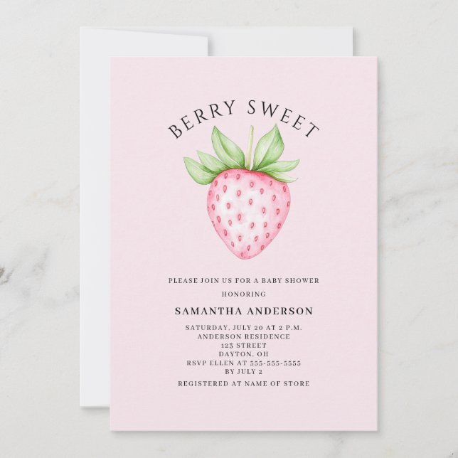Convites Berry Sweet Pink Strawberry Girl Baby Shower (Frente)