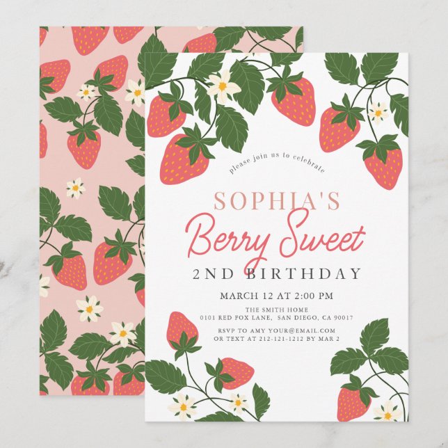 Convites Berry Sweet Pink Strawberry segundo aniversário Fl (Frente/Verso)