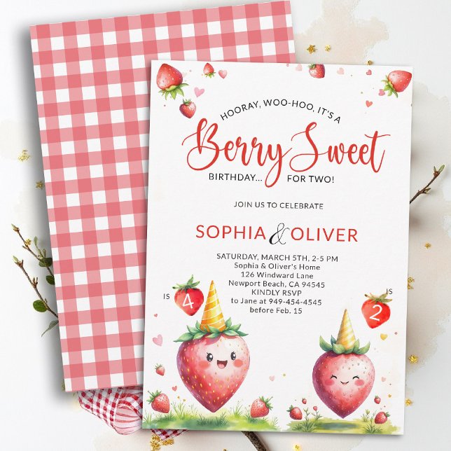 Convites Berry Sweet Strawberries Joint 2 Siblings Birthday (berry sweet birthday party invitation siblings sisters twins cute strawberries watercolor farmhouse )