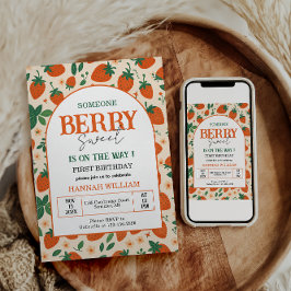 Convites Berry Sweet Strawberry 1st Birthday Party