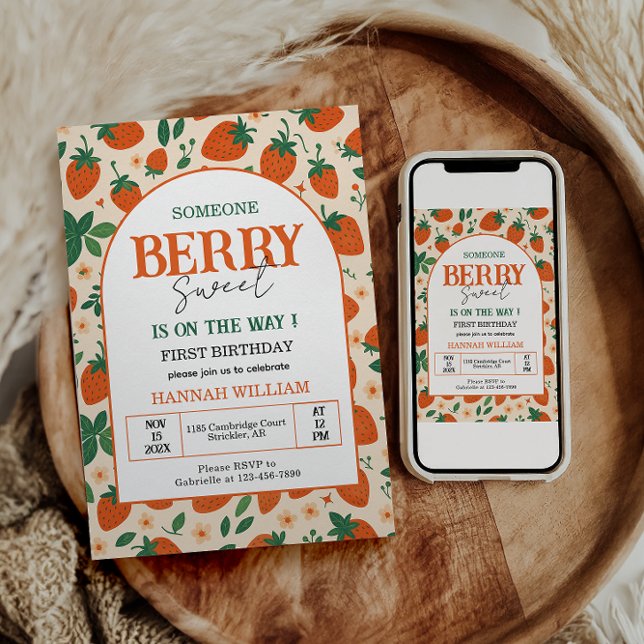 Convites Berry Sweet Strawberry 1st Birthday Party (Criador carregado)