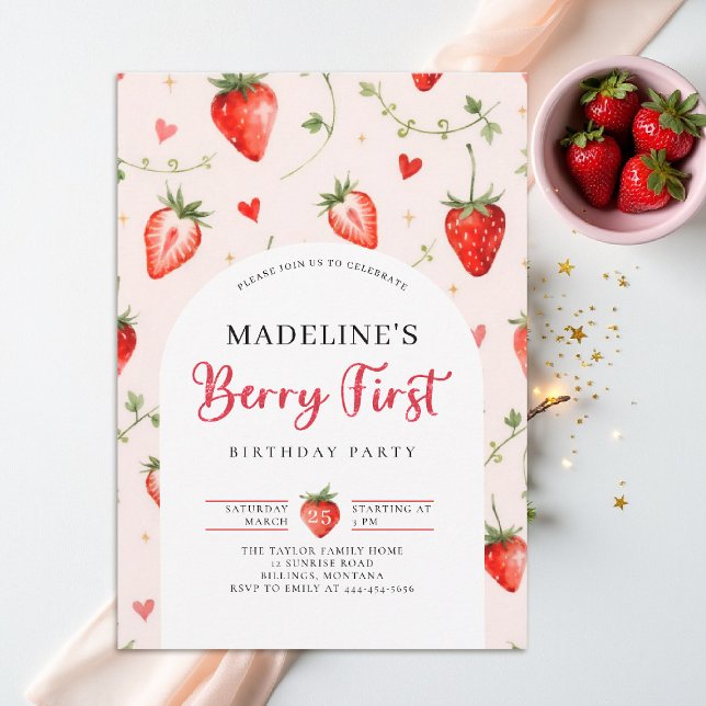 Convites Berry Sweet Strawberry Arch Summer 1st Birthday (berry first birthday party invitation girls strawberry 1st watercolor summer farmhouse patch)