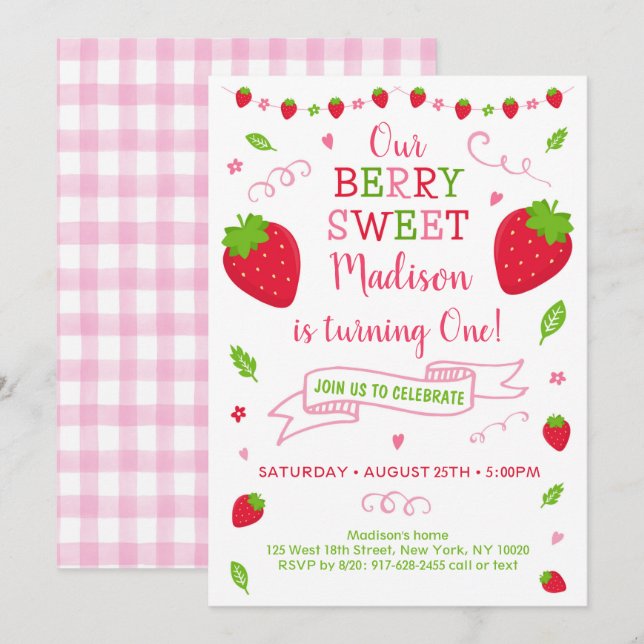 Convites Berry Sweet Strawberry Birthday (Frente/Verso)