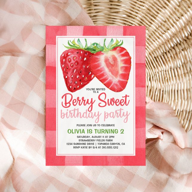Convites Berry Sweet Strawberry Gingham Girls Aniversário (Criador carregado)