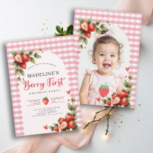 Berry Sweet Strawberry Gingham Photo 1st Birthday