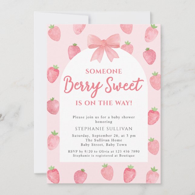 Convites Berry Sweet Strawberry Girl Baby Shower  (Frente)