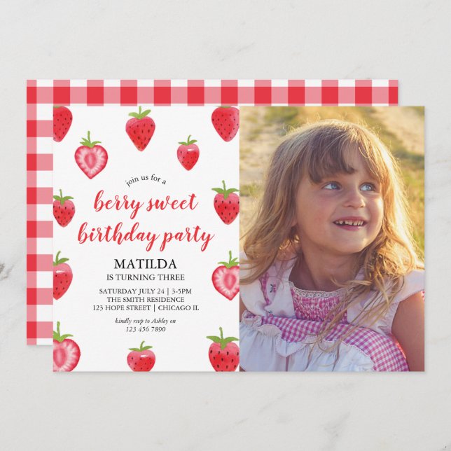 Convites Berry Sweet Strawberry Girl Birthday (Frente/Verso)