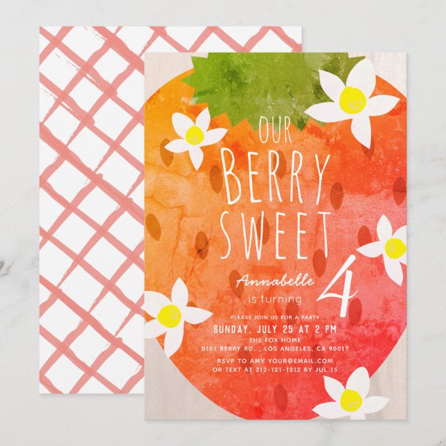 Convites Berry Sweet Strawberry Girl Birthday (Frente/Verso)