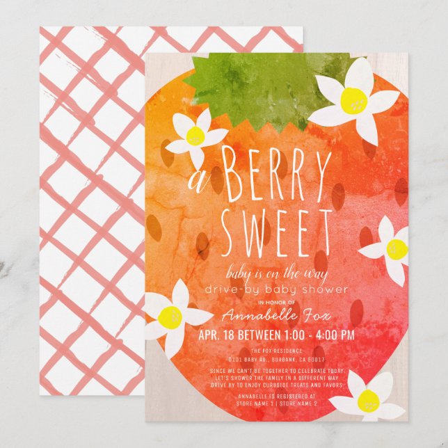 Convites Berry Sweet Strawberry Girl Drive-by Chá de fralda (Frente/Verso)