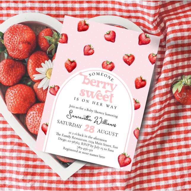 Convites Berry Sweet Strawberry Heart Girl Chá de fraldas (Criador carregado)