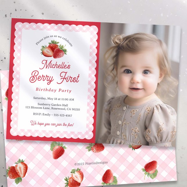 Convites Berry Sweet-Strawberry Pink Gingham Photo (Berry first photo invitation.)
