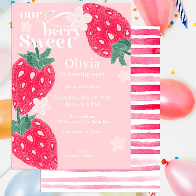 Convites Berry Sweet Strawberry primeiro aniversario Party  (Criador carregado)