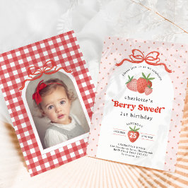 Convites Berry Sweet Strawberry Red Bow Birthday Photo