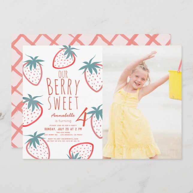 Convites Berry Sweet Strawberry Red White Foto Aniversário (Frente/Verso)