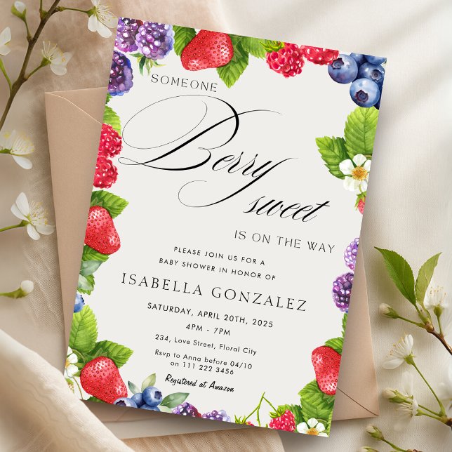 Convites Berry Sweet Strawberry Wilries Chá de fraldas (Berry Sweet Strawberry Wild Berries Baby Shower Invitation)