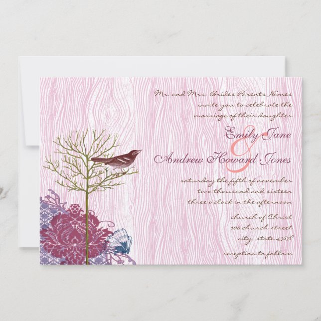 Convites Berry Vintage Bird em WoodGrain Weding Invitation (Frente)