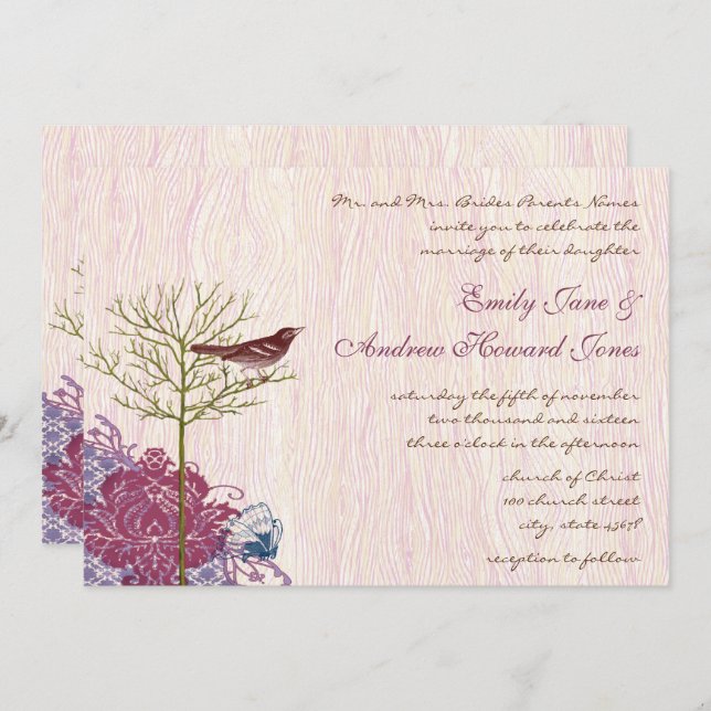 Convites Berry Vintage Bird em WoodGrain Weding Invitation (Frente/Verso)