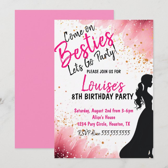 Convites Besties Doll Pink Glitter Party Aniversário (Frente/Verso)