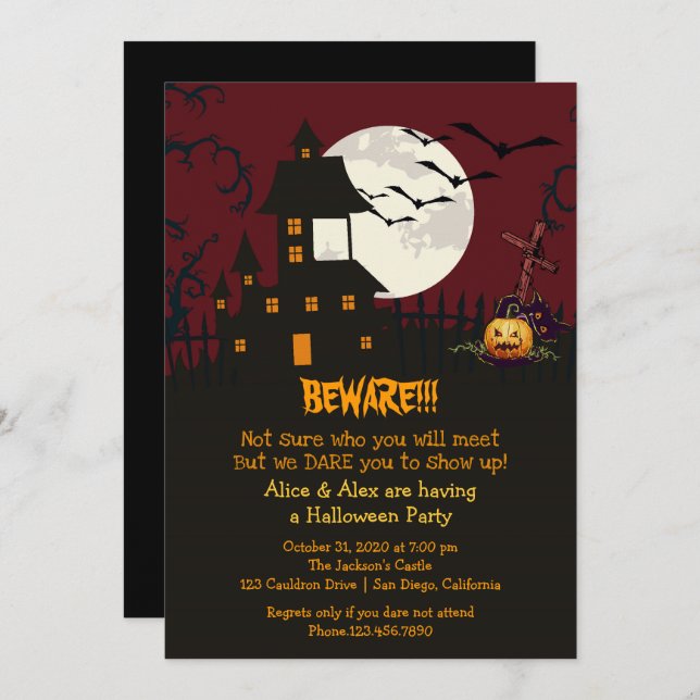Convites Beware Hauned House Halloween Party (Frente/Verso)