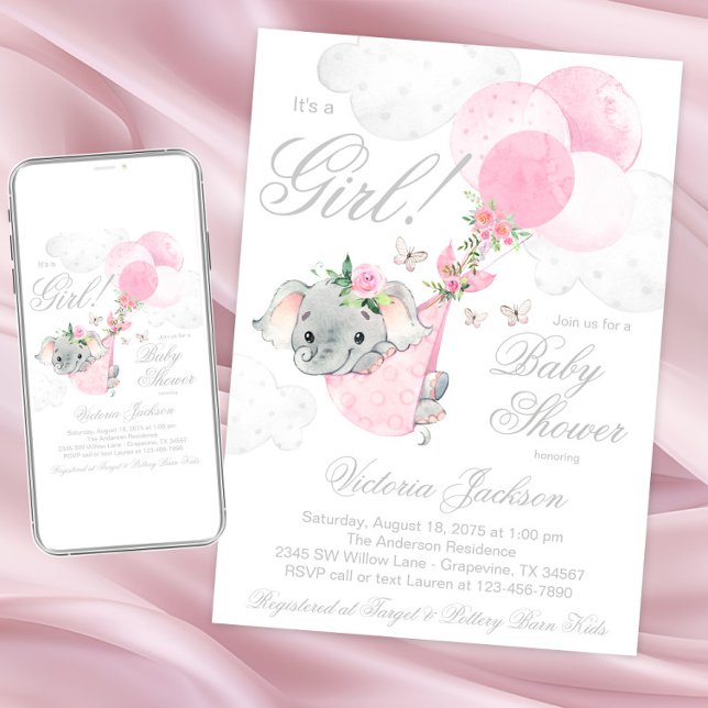 Convites Bexiga Rosa Elefante Balões Borboleta Chá de Bebê (Sweet girl elephant baby shower invitations. Instant download and printed invitations available.)