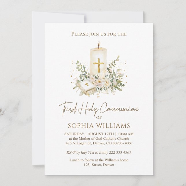 Convites Bible Candle Cross First Holy Communion Invitation (Frente)