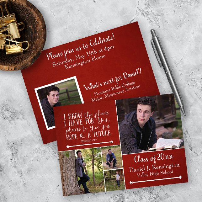 Convites Bíblia Cristã Verso Graduação Foto Colagem Vermelh (Criador carregado)