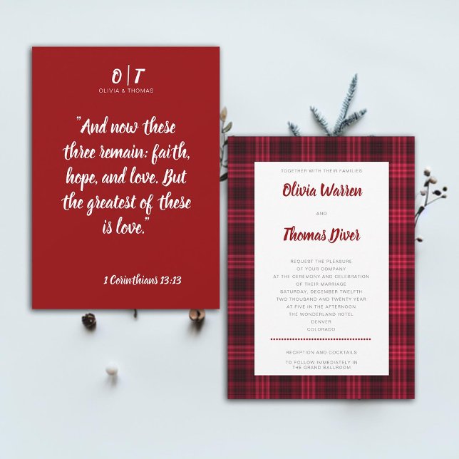 Convites Bíblia Verse Winter Cozy Red Xadrez Elegante Casam (Bible verse winter wedding invitation cozy Christmas red plaid elegant rustic snow holidays mountain)