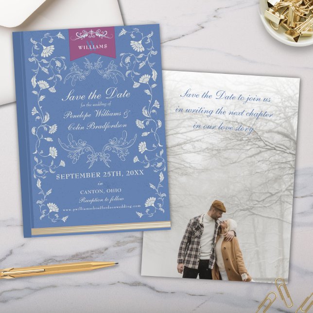 Convites Biblioteca Azul Elegante Casamento Salve a Data (Elegant Periwinkle Light Blue Vintage Library Book Cover Theme Wedding Save the Date Invitation)