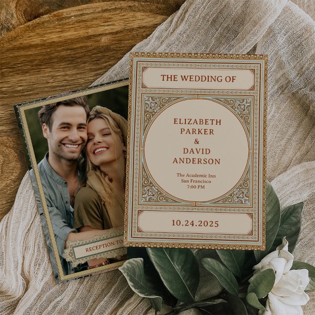 Convites Biblioteca | Quadro Vintage Elegante com Casamento (A classic, vintage academia wedding look in an elegant neutral color scheme, with your photo on back)