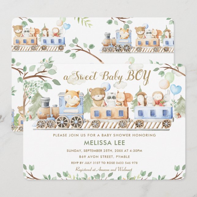 Convites Bichos-de-floresta-curva treinam Chá de fraldas ve (Frente/Verso)