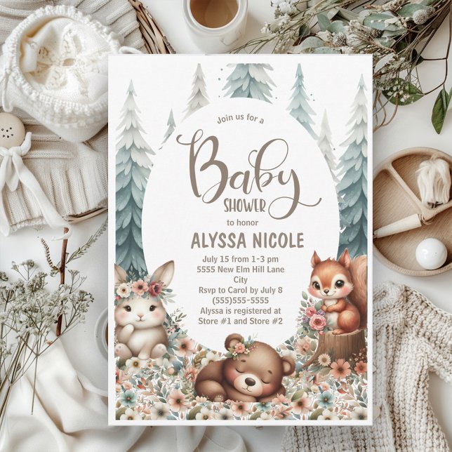 Convites Bichos-de-floresta-de-gato Chá de fraldas neutro (Woodland animals baby shower invitation)